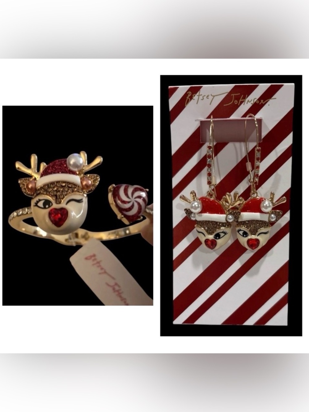 BETSEY JOHNSON SET Christmas Rudolph Reindeer Hinge Bracelet & Earrings NEW NWT